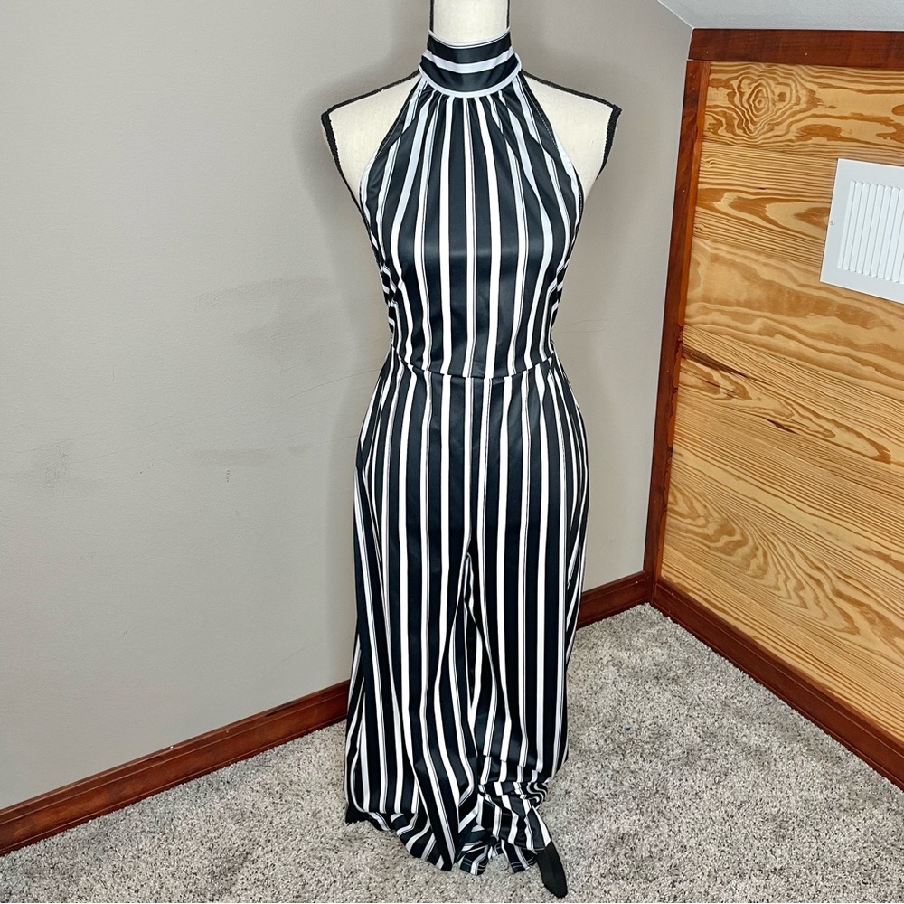 Unbranded Black White Vertical Stripe Open Back Bow Halter Jumpsuit Medium